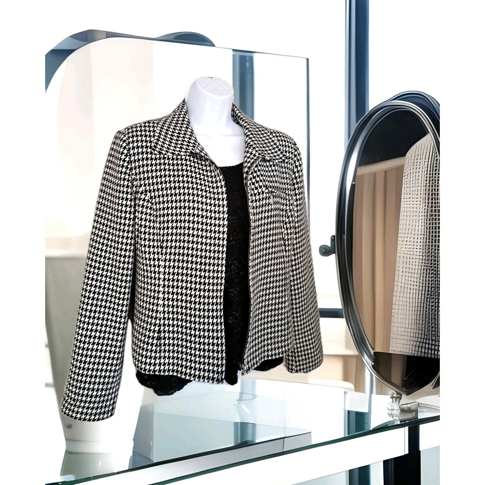 Dressbarn Blazer 10 Black White Houndstooth Full Zip Lined Cropped Shoulder Pads